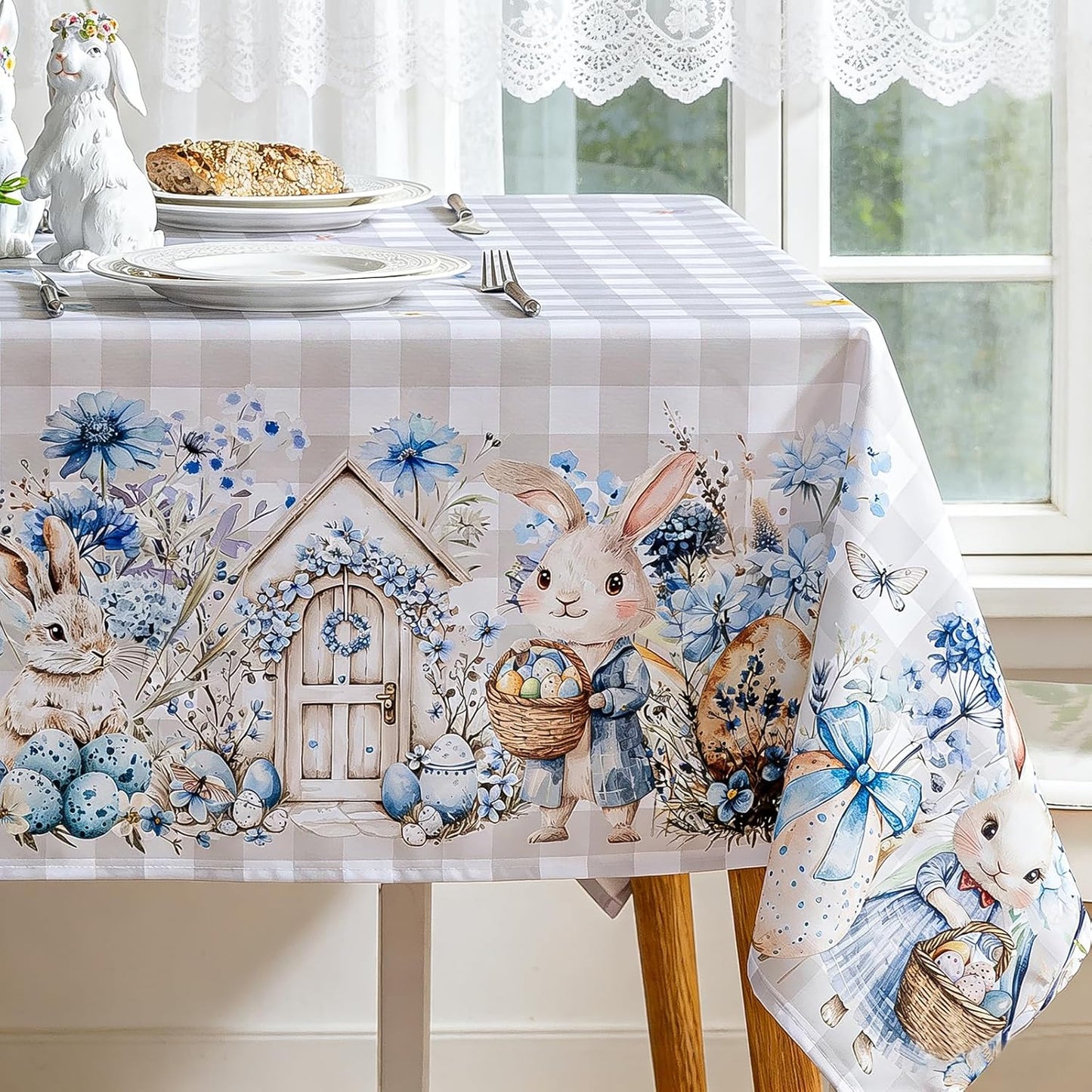 Mantel de Pascua a cuadros de búfalo con diseño de conejo y flores azules, lavable, 54 x 54 pulgadas