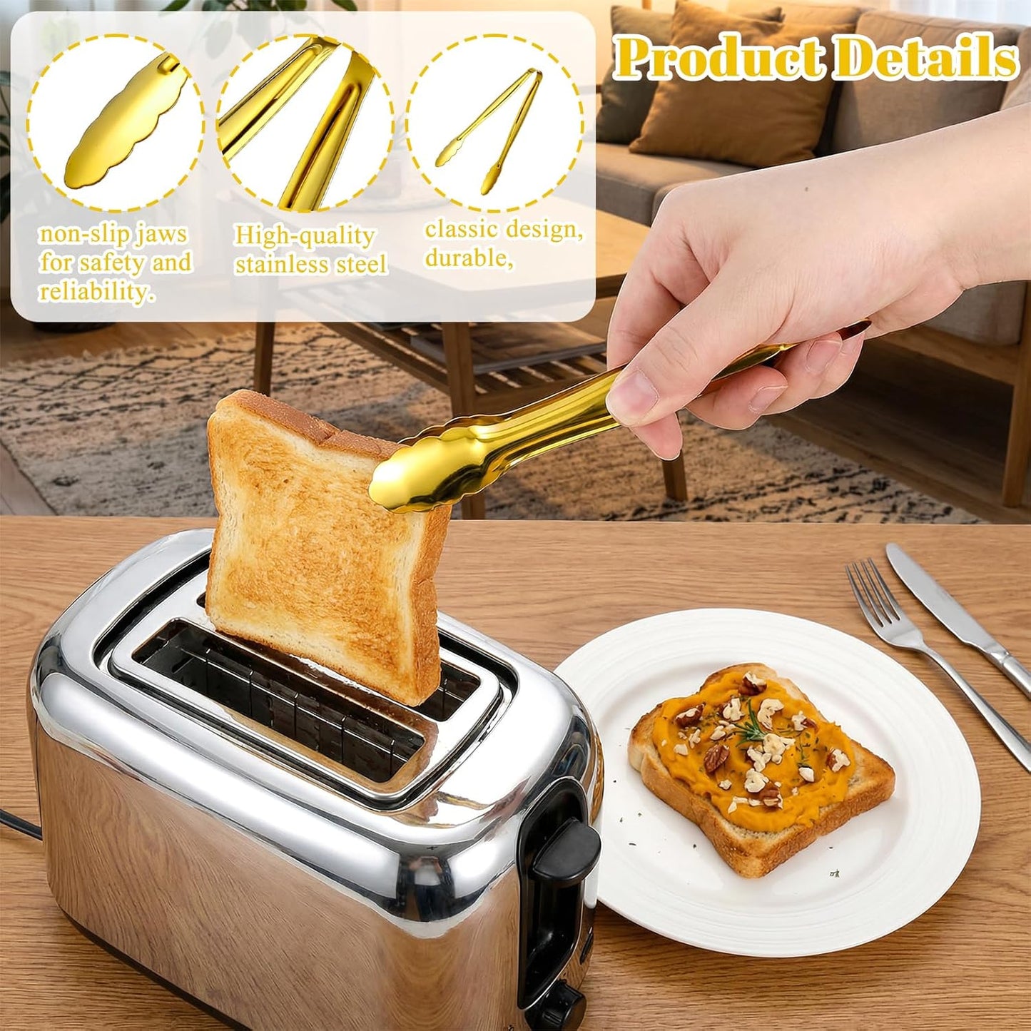 4 Pinzas Doradas Inox 6pulg para Bufé Postres Hielo