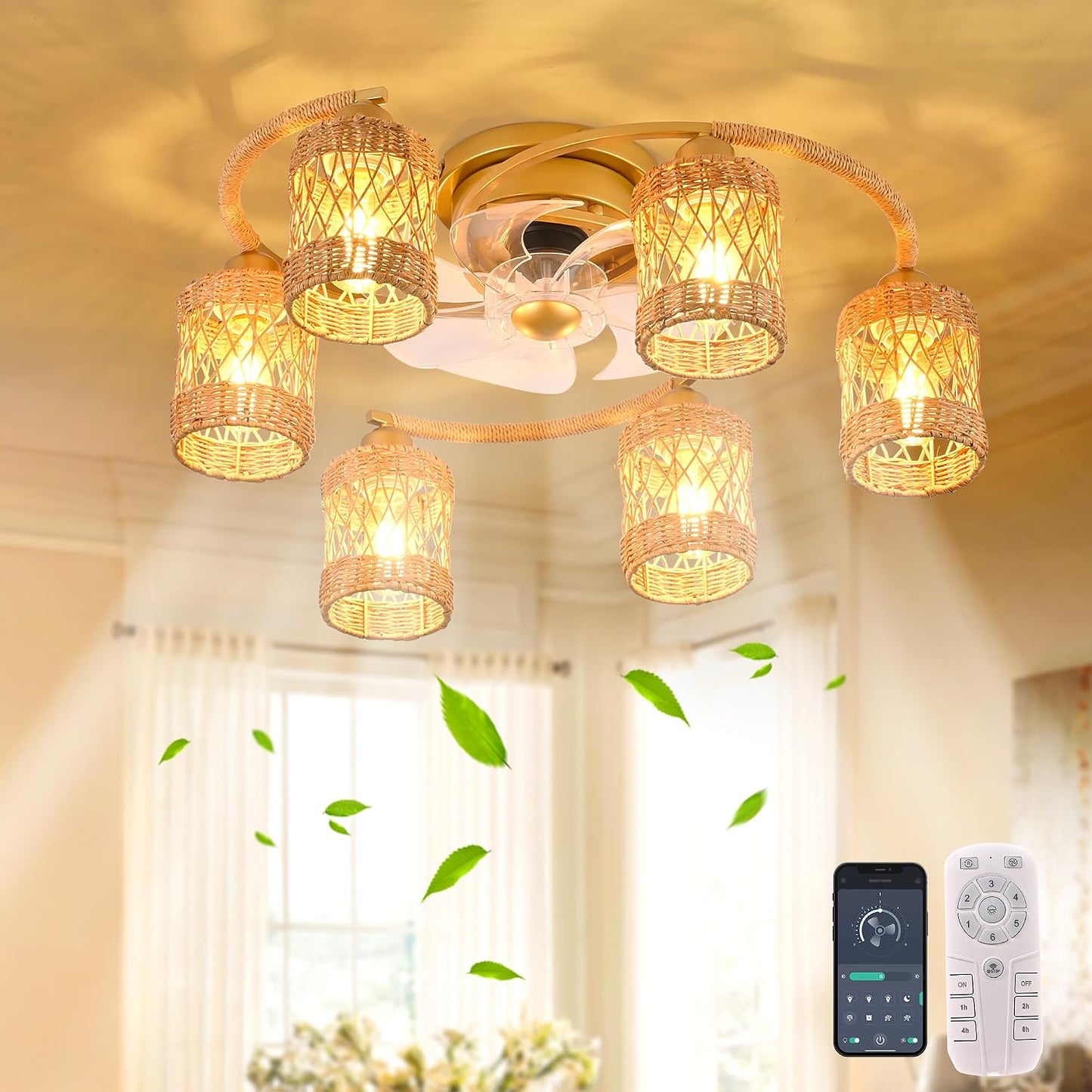 Ventilador techo rattan boho con luz 26.4pulg E26 dorado