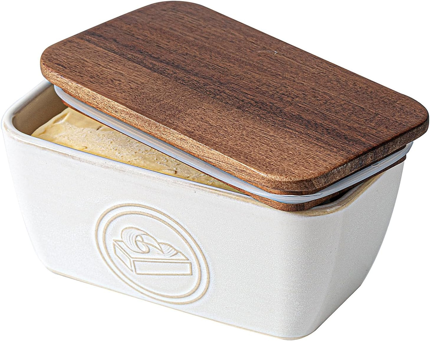 Mantequillera con tapa de acacia cerámica de granja para encimera