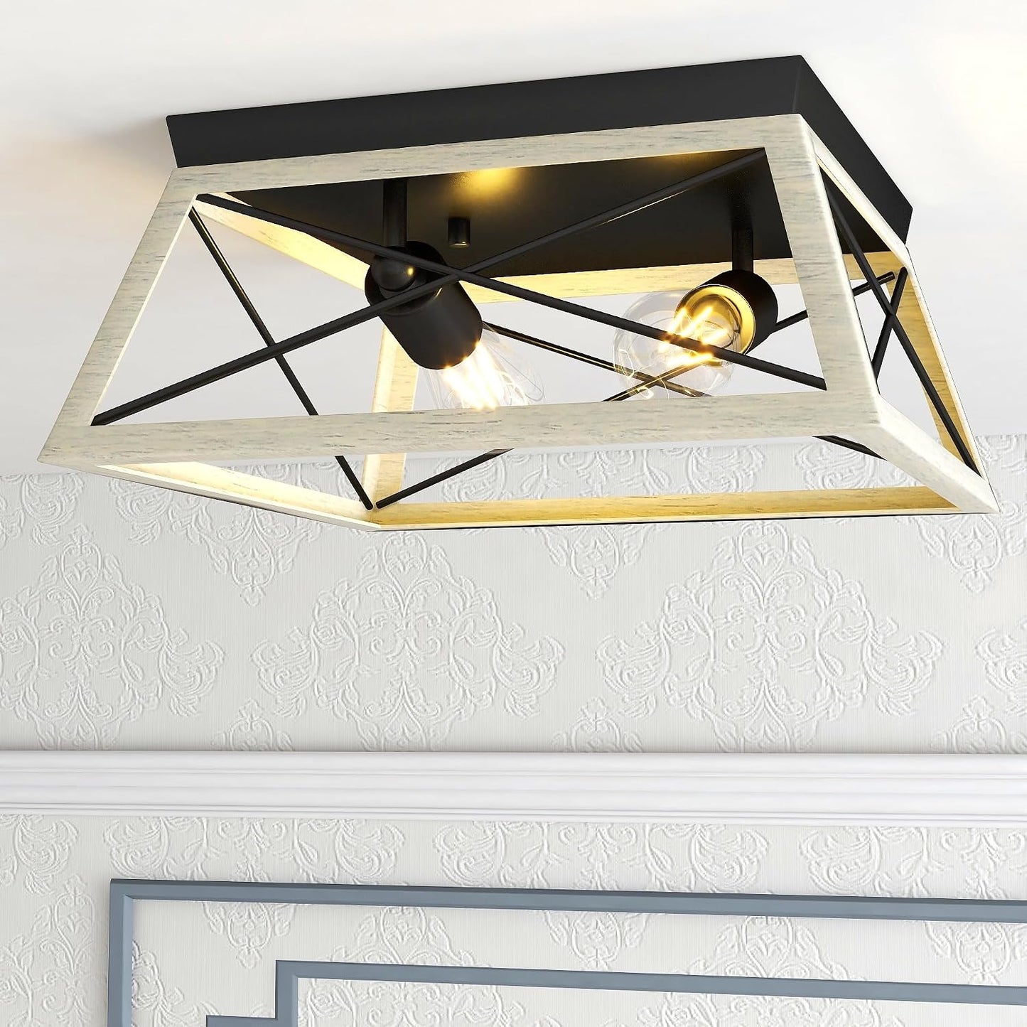 Lámpara techo 2 luces cuadrada rústica blanco crema
