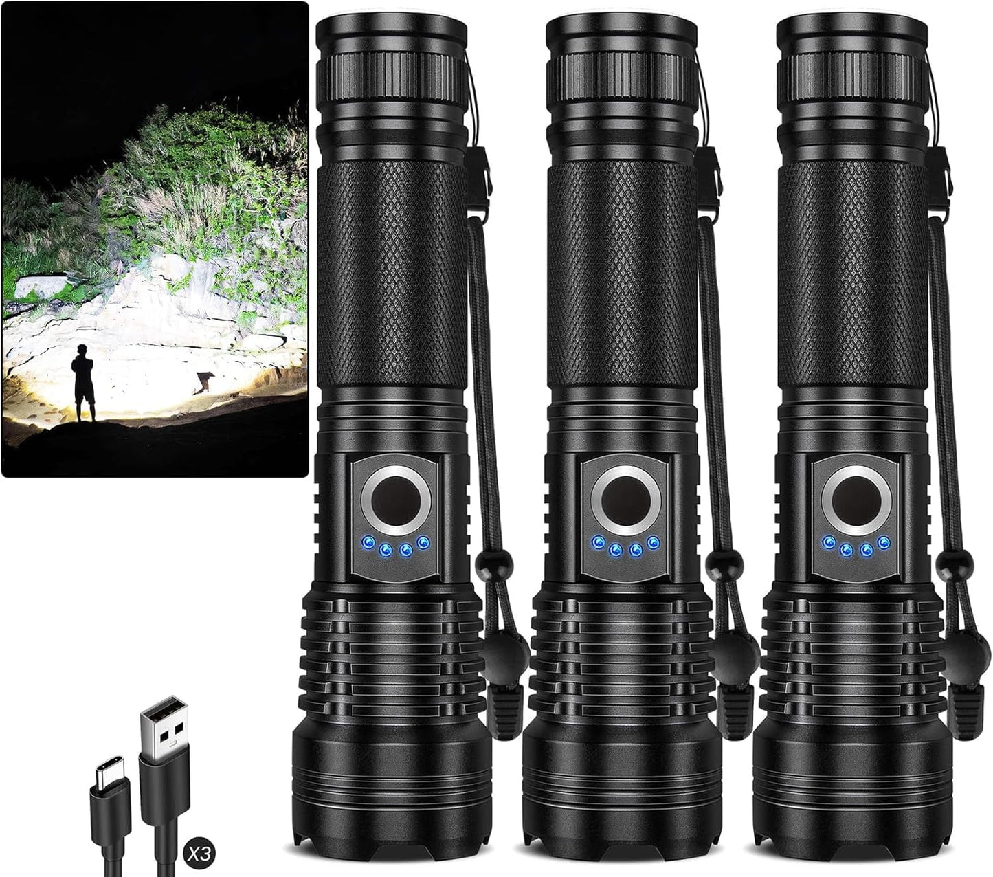 3 Linternas LED Recargables 5 Modos IPX7