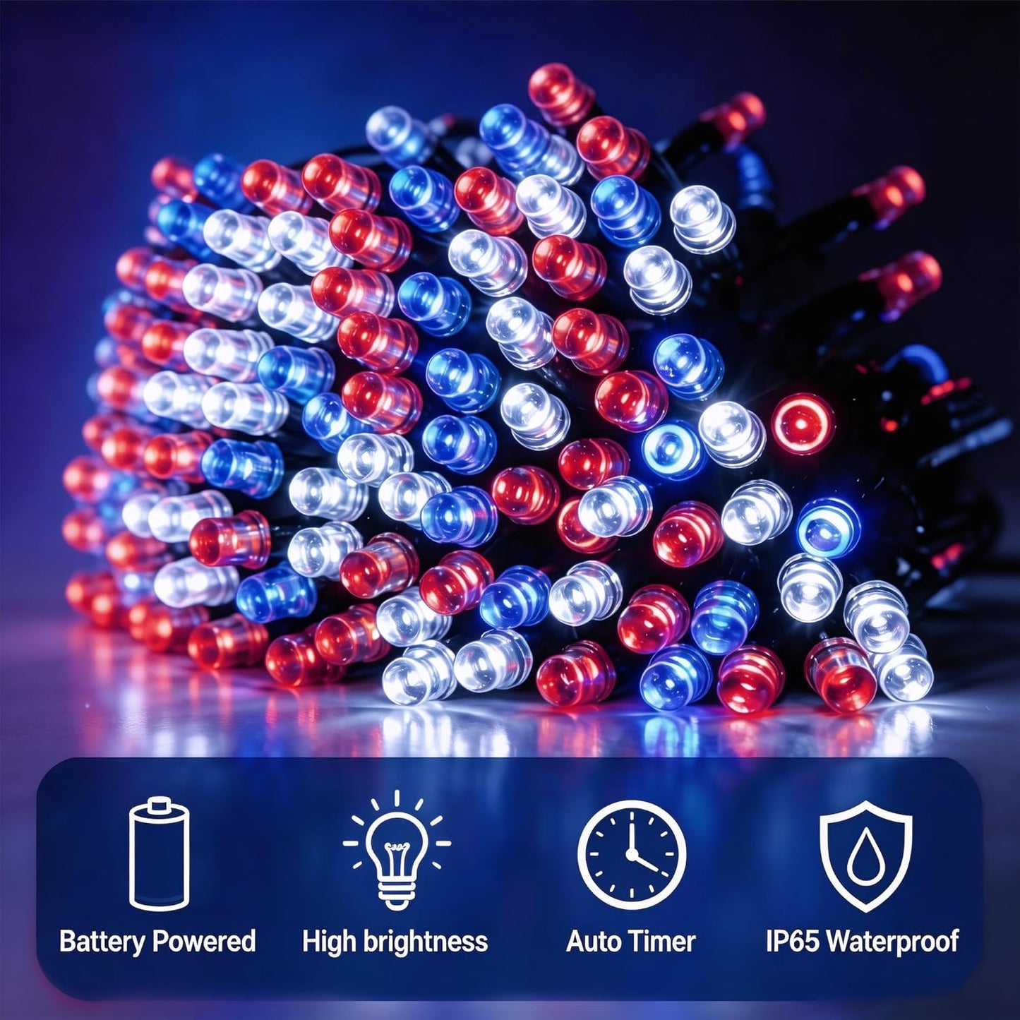 Luces patrióticas 66ft LED rojo blanco azul 200 luces