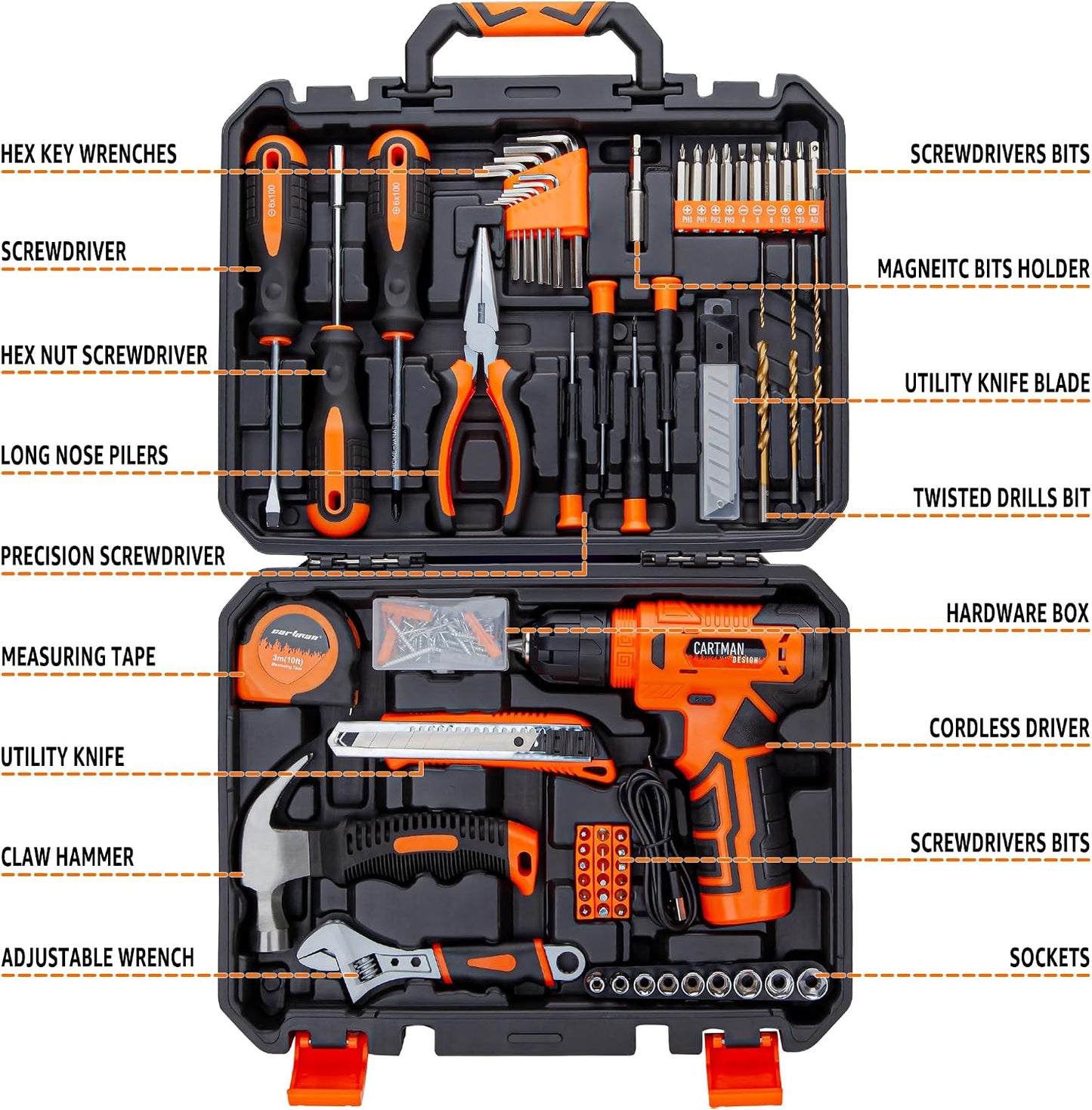 Set 150 Pzas Herramientas Hogar Taladro Inalámbrico 8V Naranja