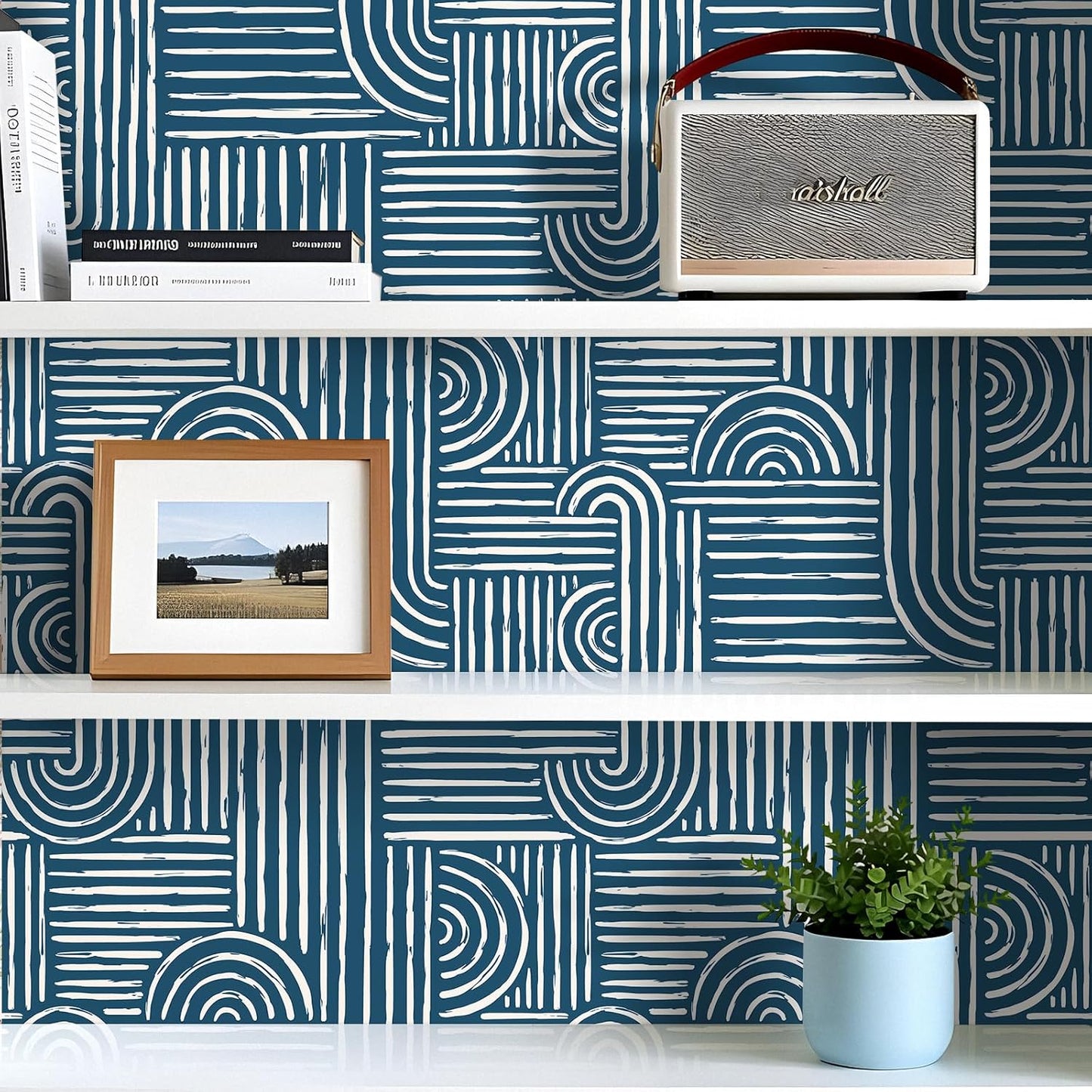 Papel tapiz geométrico azul marino moderno removible