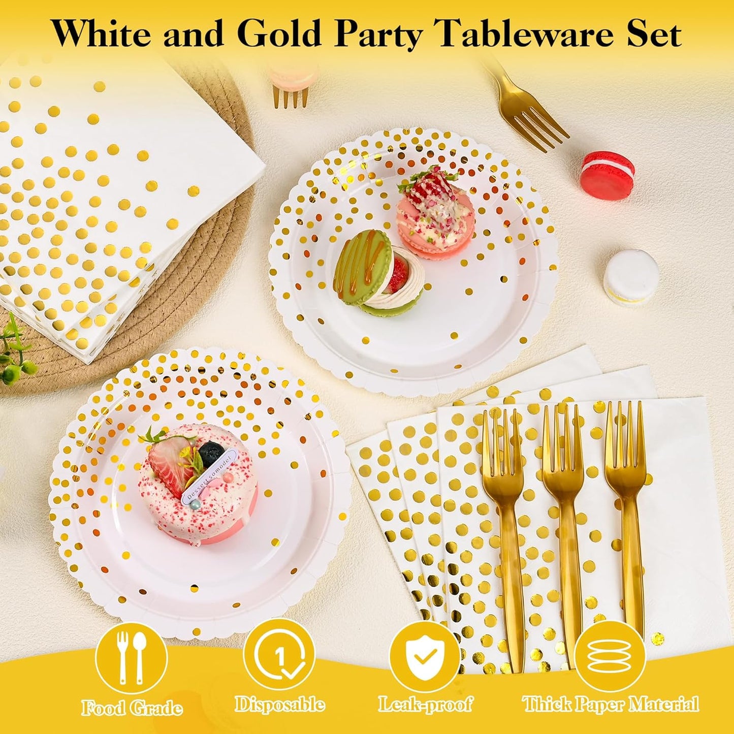 Platos y servilletas de fiesta en blanco y dorado con motivos escalonados para 30 personas