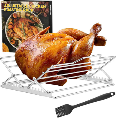 Estante acero inox plegable para asar pollo y pavo con cepillo