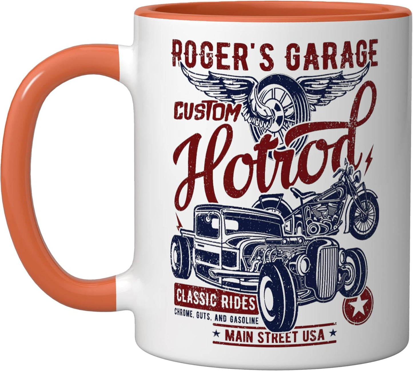 Taza cerámica Roger's Garage Hotrod Clásico Diseño Desgastado Naranja/Blanco