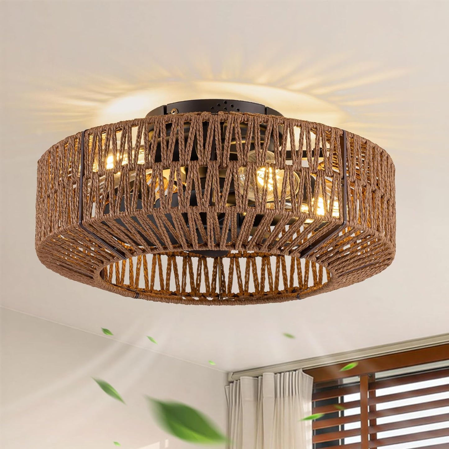 Ventilador techo bohemio ratán luz control remoto