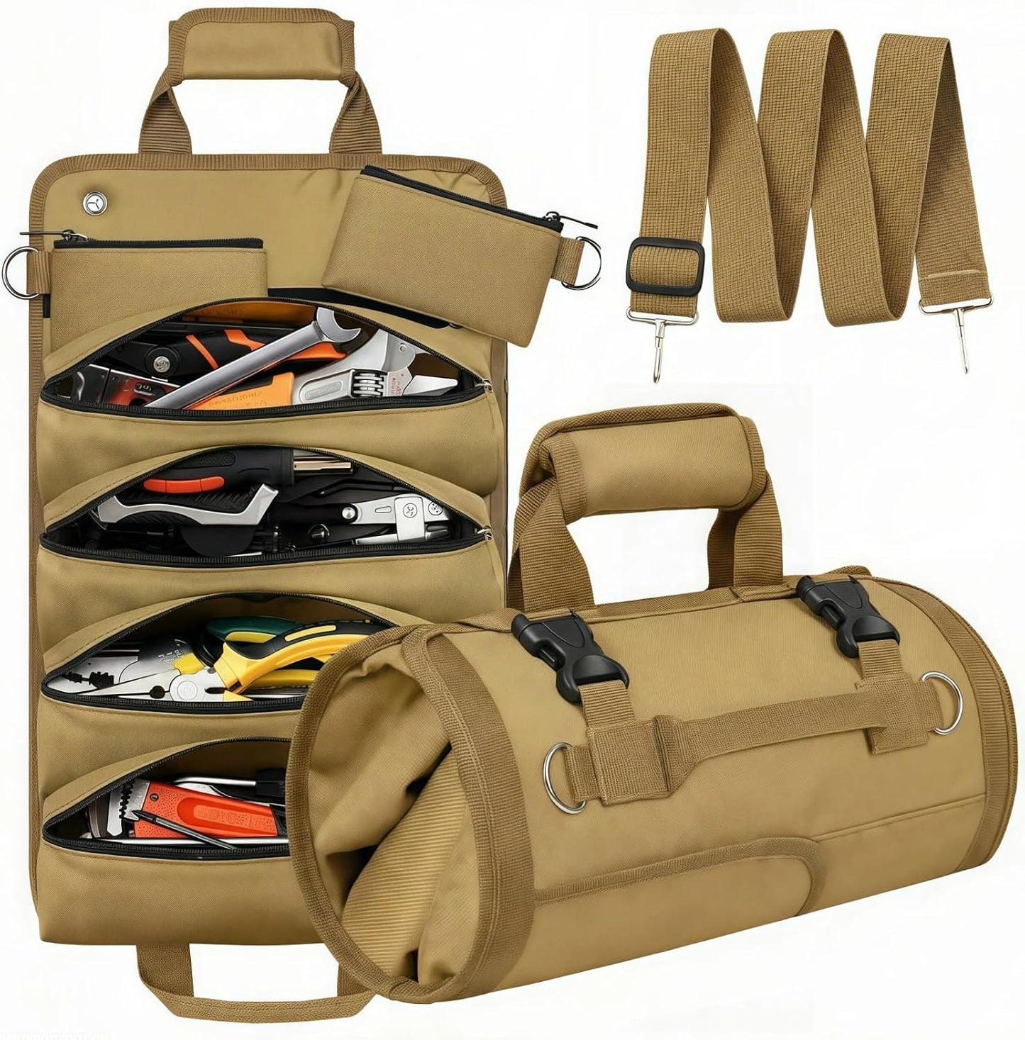Bolsa herramientas enrollable resistente con bolsillos
