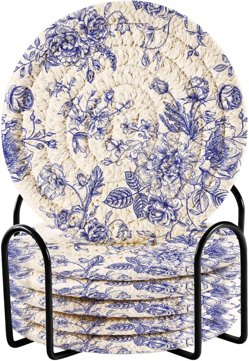 Juego de 6 posavasos florales azules y blancos de algodón con soporte