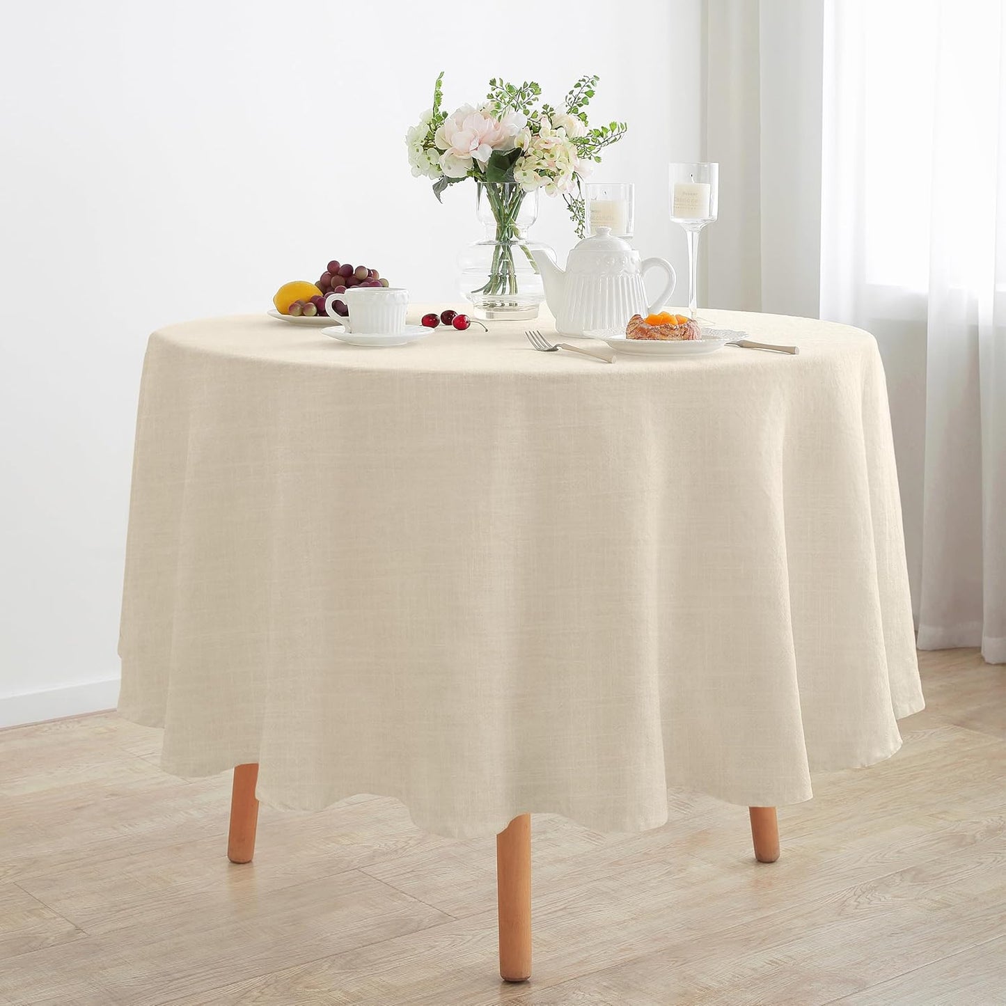 Mantel redondo lino 90pulg beige arena lavable comedor