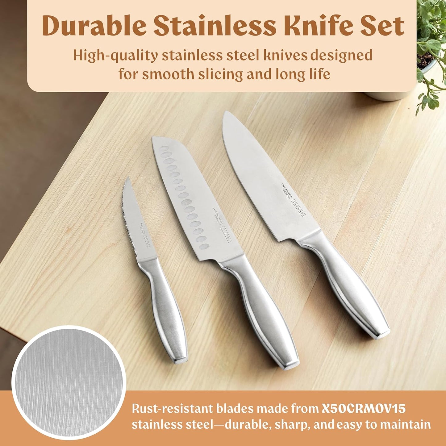 Set 9 Cuchillos Acero Inox Bloque Madera Afilador