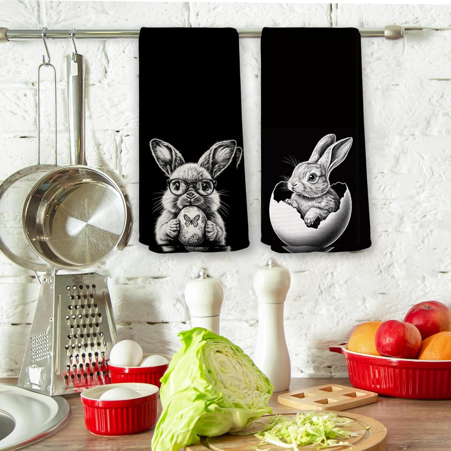 Juego de 2 toallas de cocina de conejo de Pascua rústicas