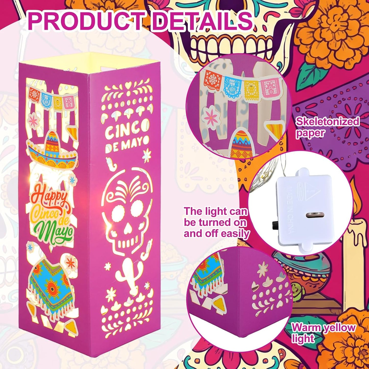 12 Cajas Faroles Cinco de Mayo con Luces LED Decoración Mesa