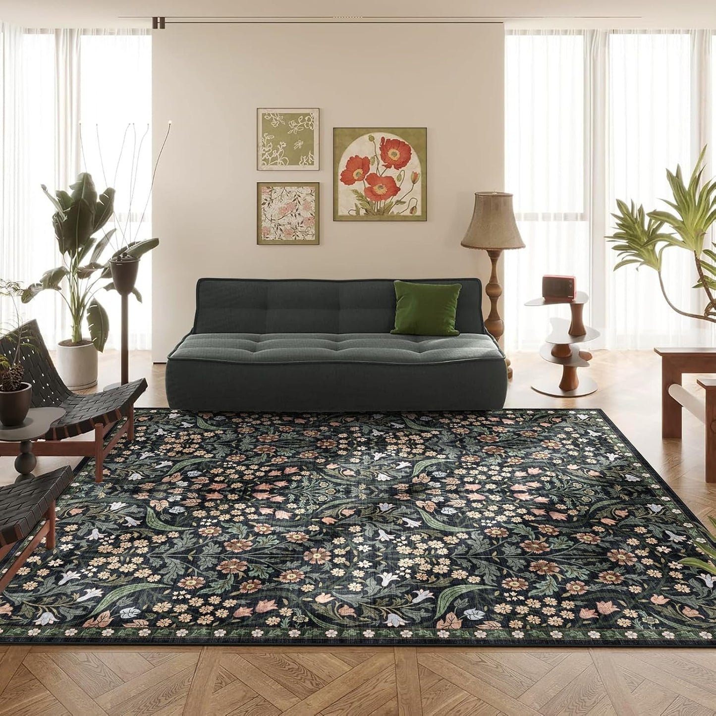 Alfombra lavable sala 8x10ft pelo bajo negro verde marrón