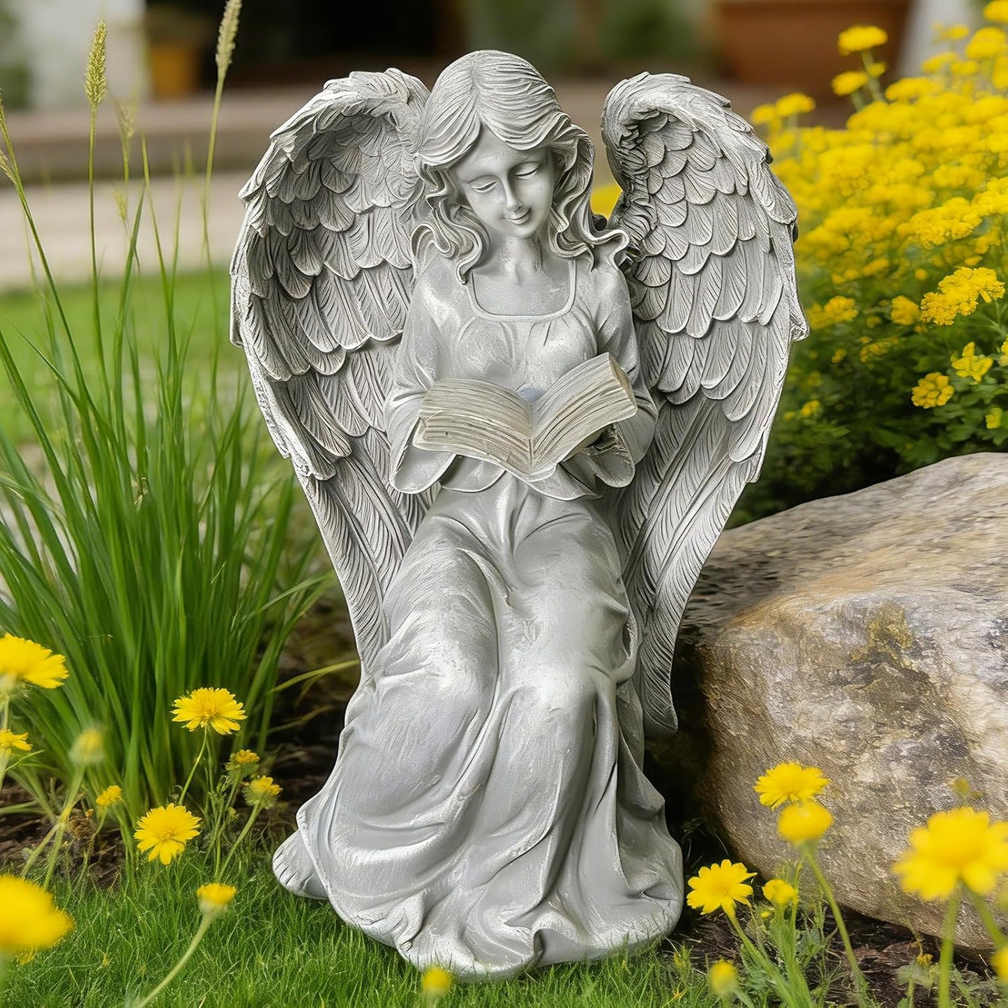 Estatua ángel libro jardín resina solar con luces LED