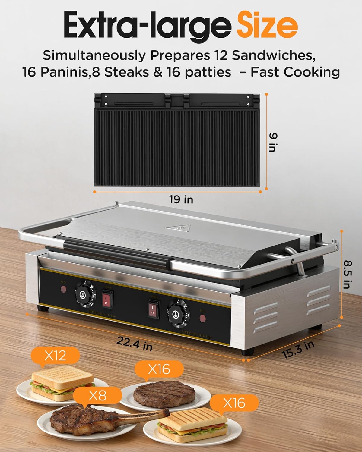 Prensa Panini eléctrica 3600W acero inox con parrilla