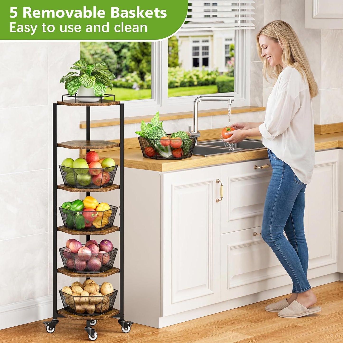 Carrito cocina 6 niveles con cesta frutas y 5 cuencos