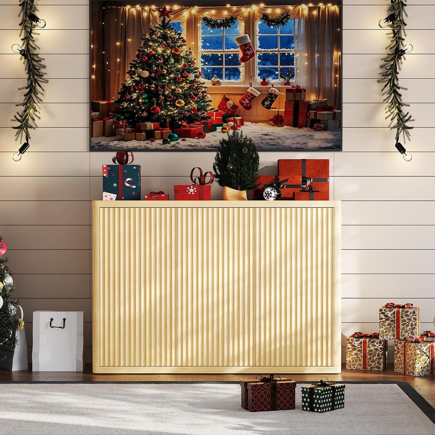 Armario buffet 46.7pulg 3 puertas acanaladas estante ajustable