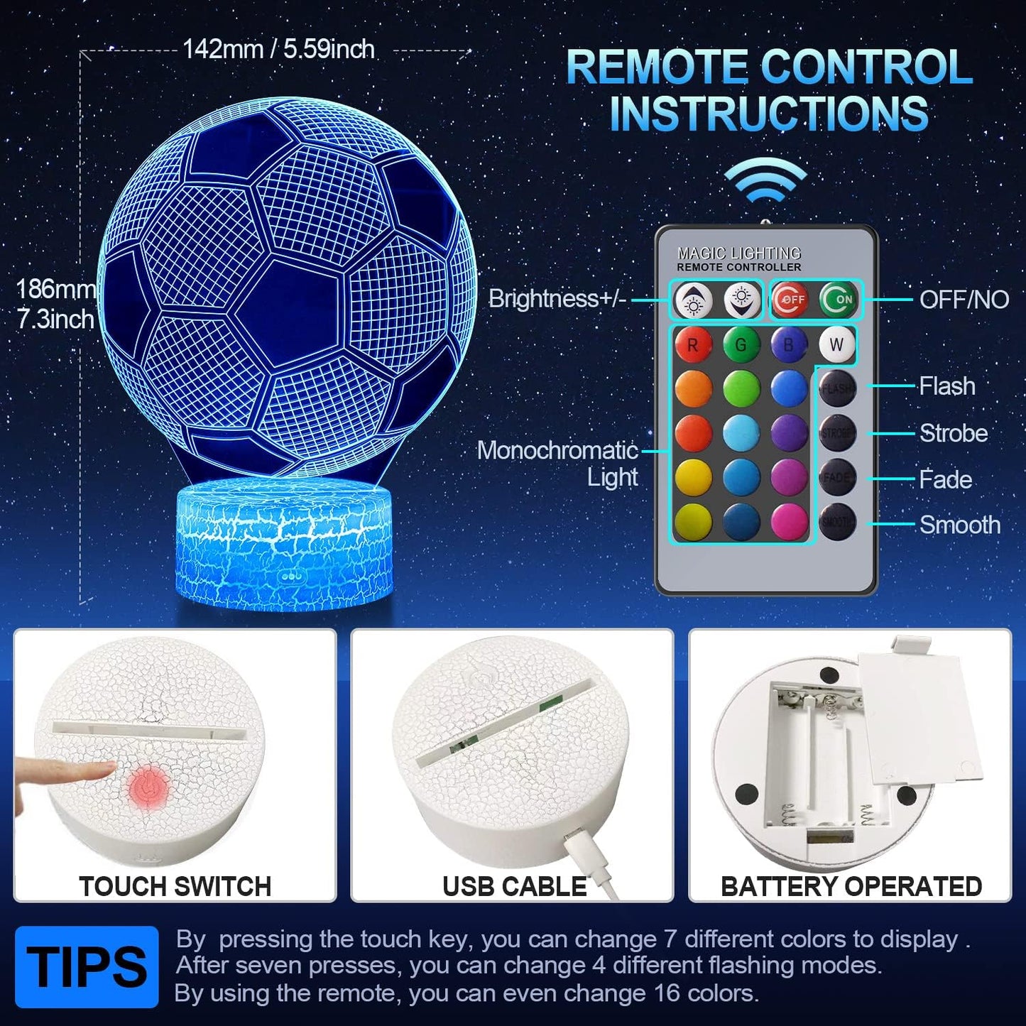 Lámpara ilusión fútbol 3D con control remoto 16 colores