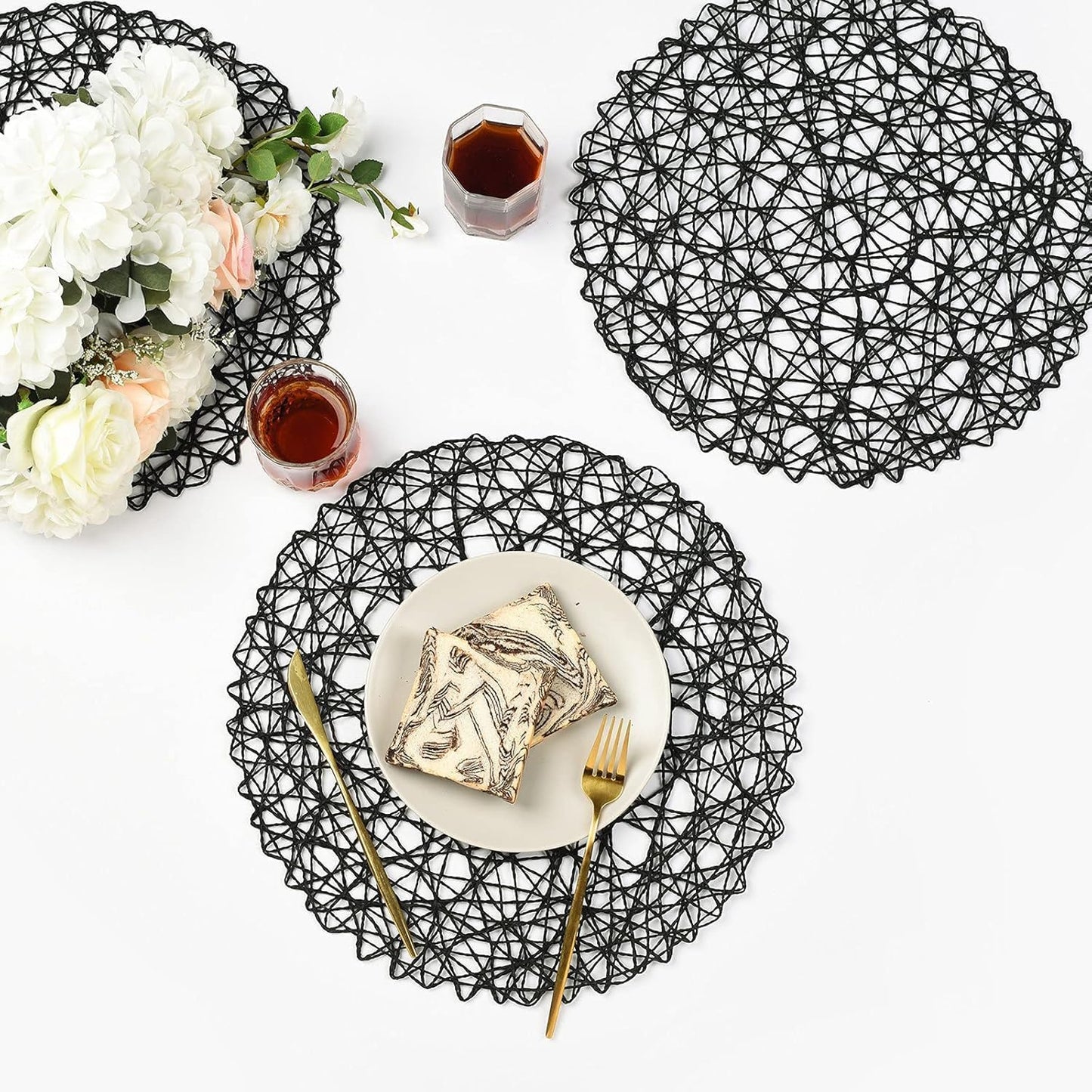 Placemat redondo negro set de 12 para mesa de comedor 13 pulgadas boho decorativo