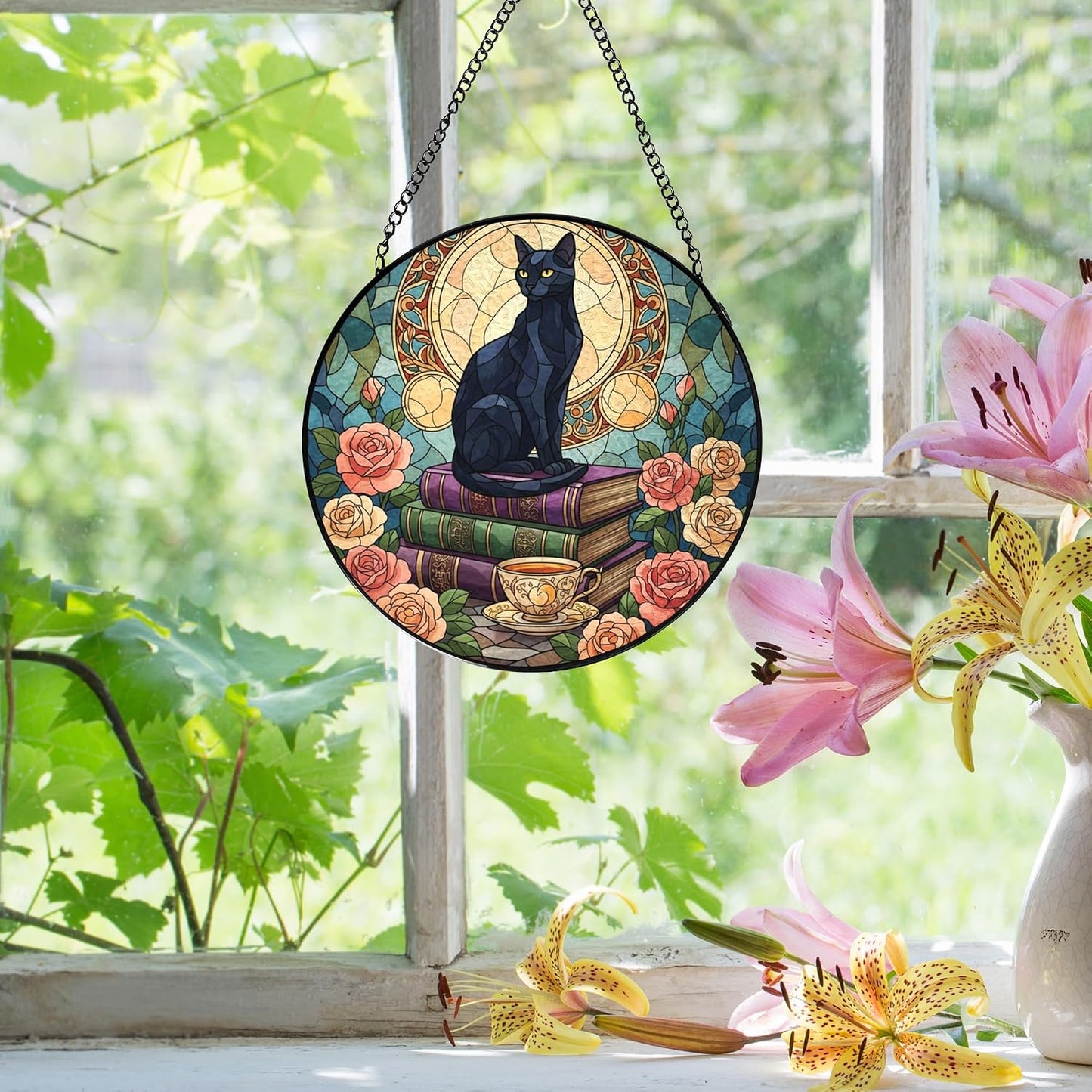 Libro floral gato negro para ventana atrapasoles regalo lector