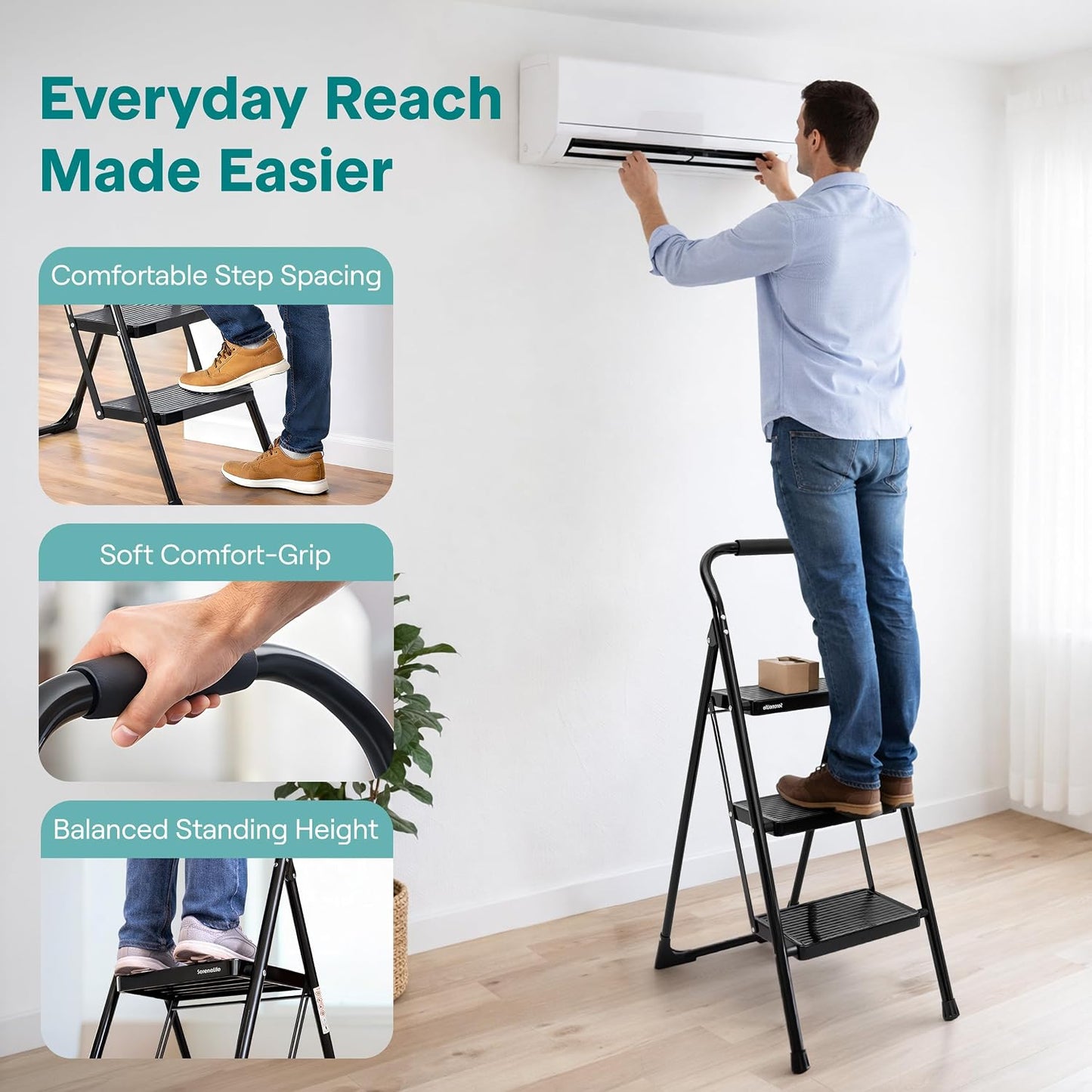 Escalera 3 escalones plegable con barandilla acero resistente 570lb