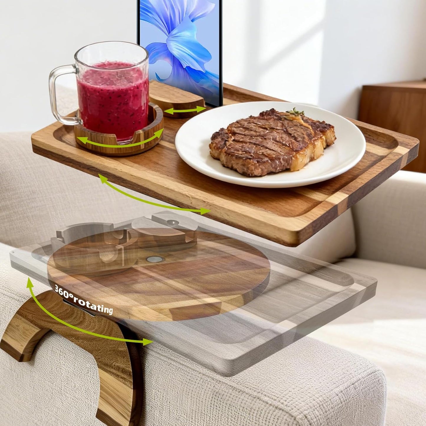 Mesa Giratoria Acacia Soporte 3 Niveles Bandeja Grande