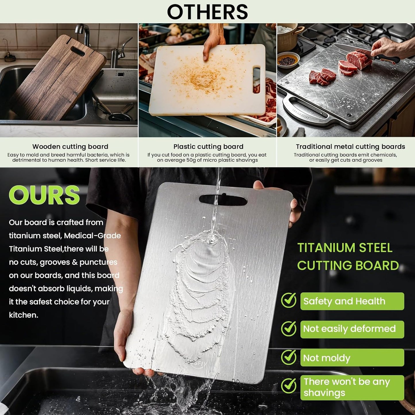 Tabla de cortar de titanio puro para cocina doble cara grado alimenticio