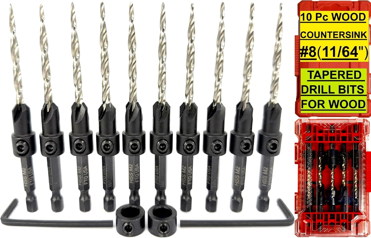 Set 10 Brocas Avellanadoras 11/64pulg Con Broca Cónica Carpintería