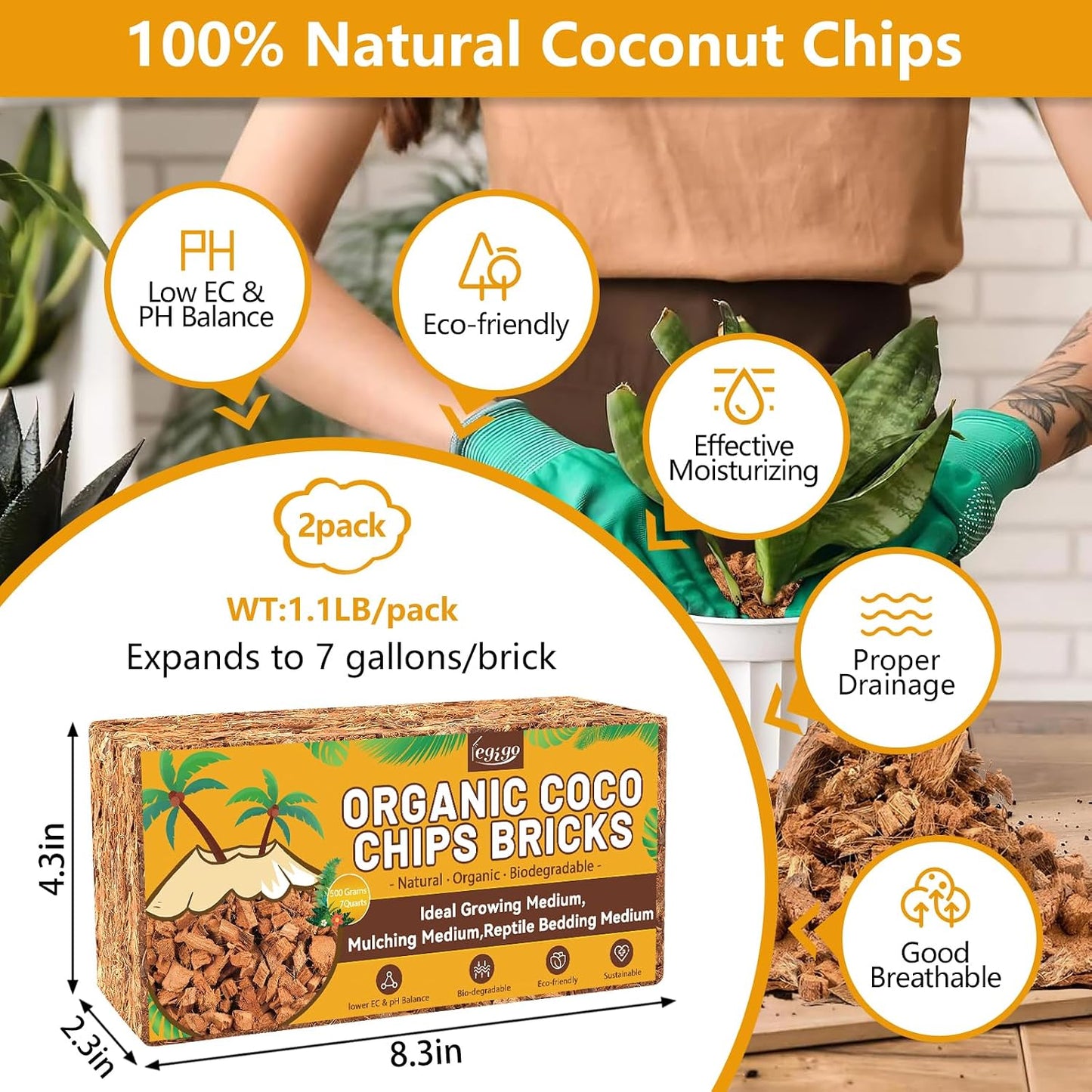 2 Pzas Chips Fibra Coco Orgánicos 2.2LB para Macetas