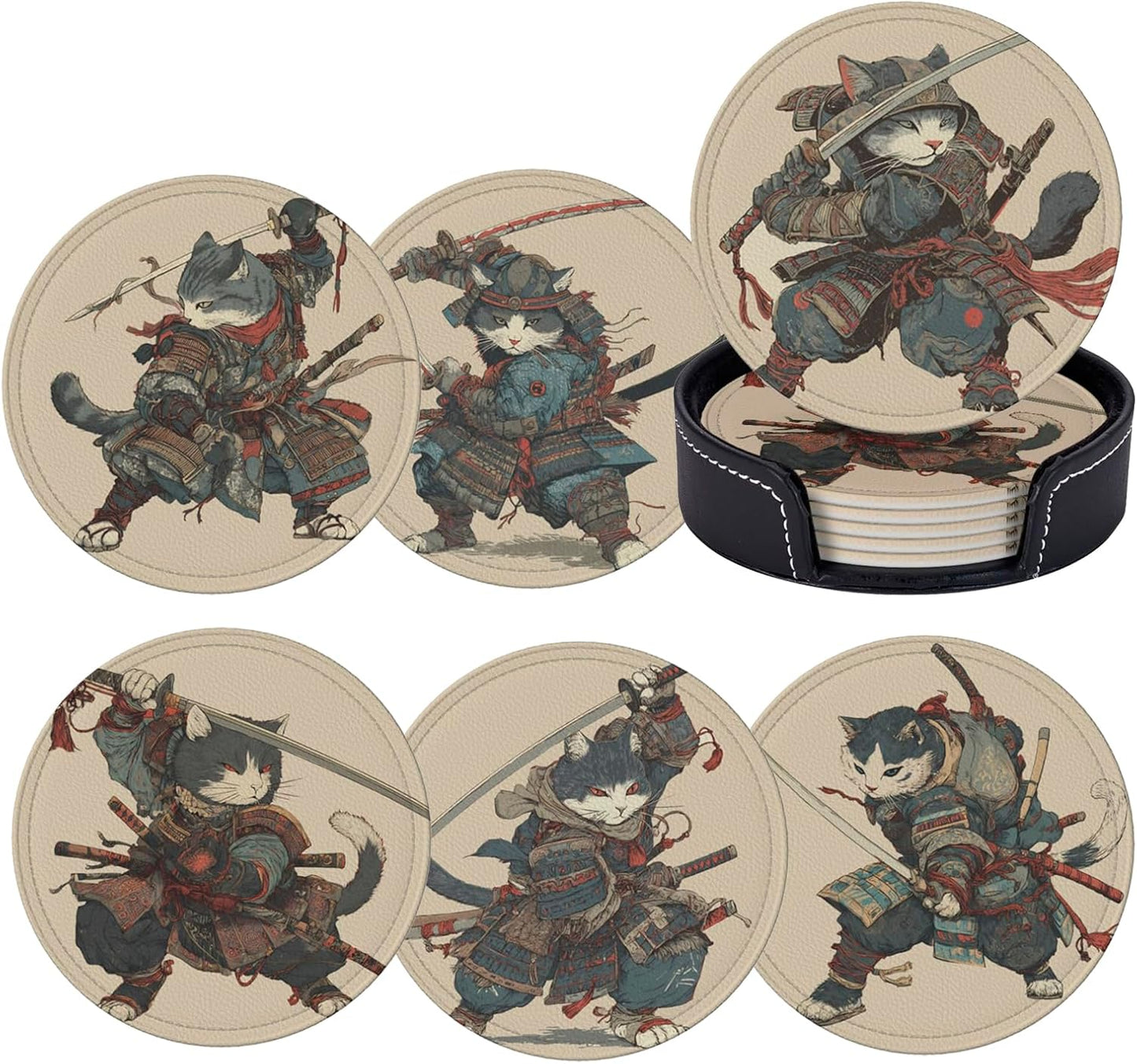 Posavasos de cuero 6 piezas con soporte anime japonés gatos regalos decorativos