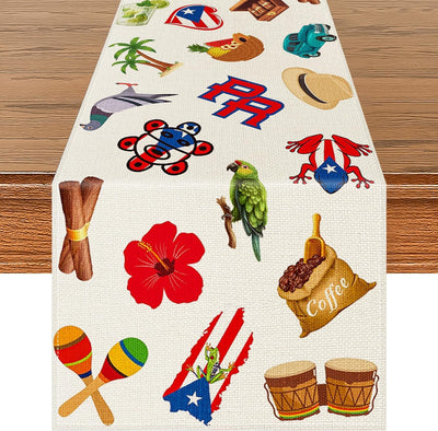 Camino de mesa puertorriqueño 72 x 13 pulgadas con banderas hibiscos y elementos tropicales