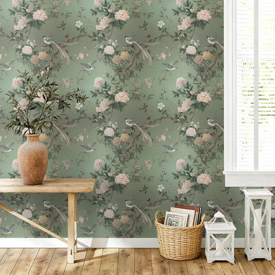 Papel tapiz floral pájaros autoadhesivo extraíble 17.7x118pulg