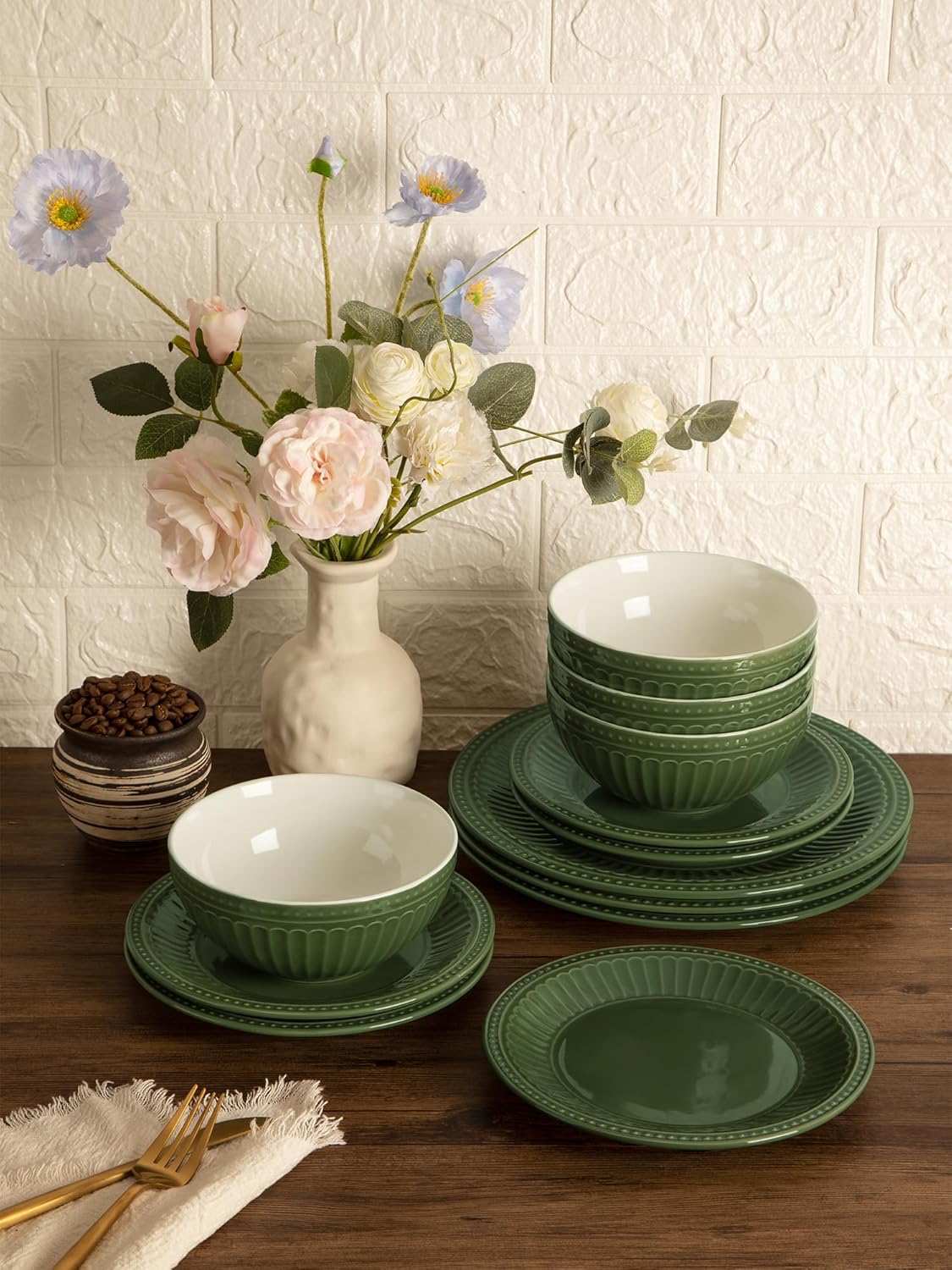 Set 24 Pzas Platos Jardín Resistentes Esmalte Reactivo Verde