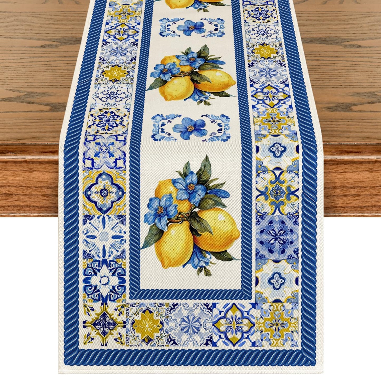 Camino de mesa de verano de porcelana azul y blanca con flores de limón