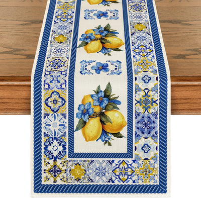 Camino de mesa de verano de porcelana azul y blanca con flores de limón