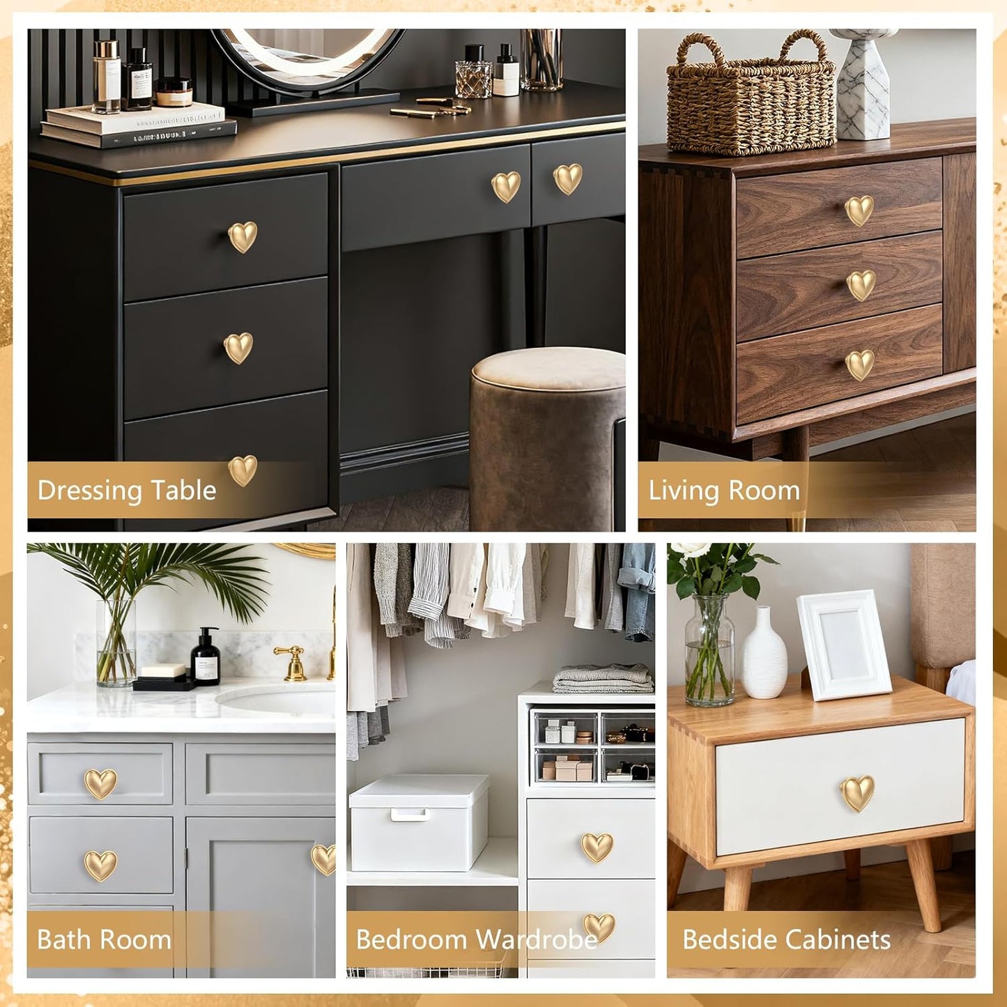 4 Pomos Corazón Dorado para Cajones Decorativos Habitación Niña