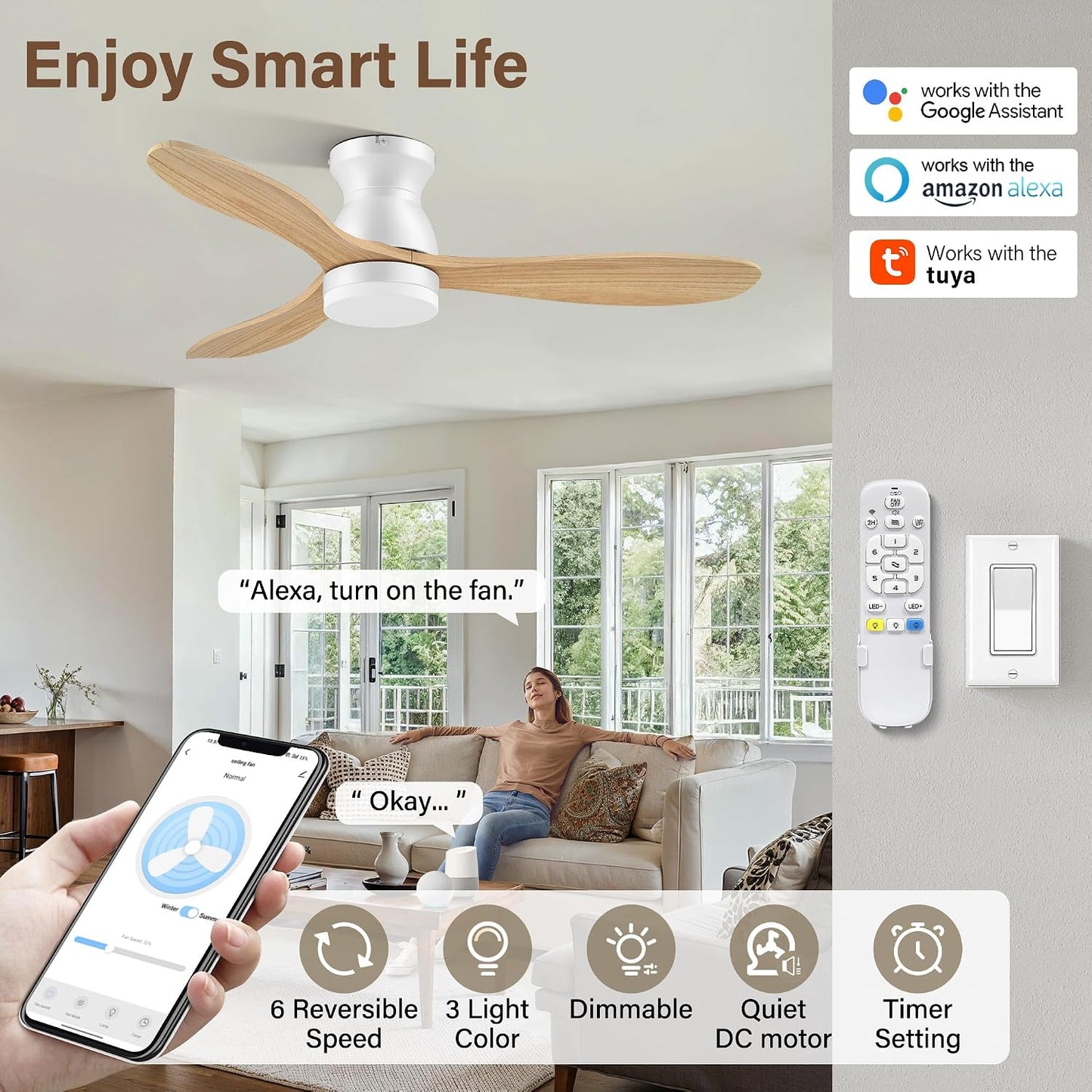 Ventilador techo 42pulg control remoto luces WIFI Alexa