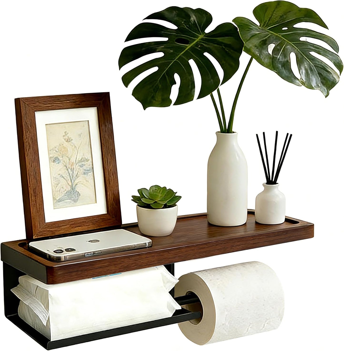 Soporte papel higiénico negro autoadhesivo madera 14.17pulg