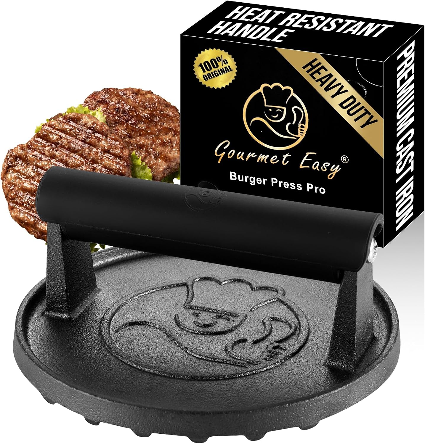 Prensa hamburguesas hierro fundido 2lb mango resistente
