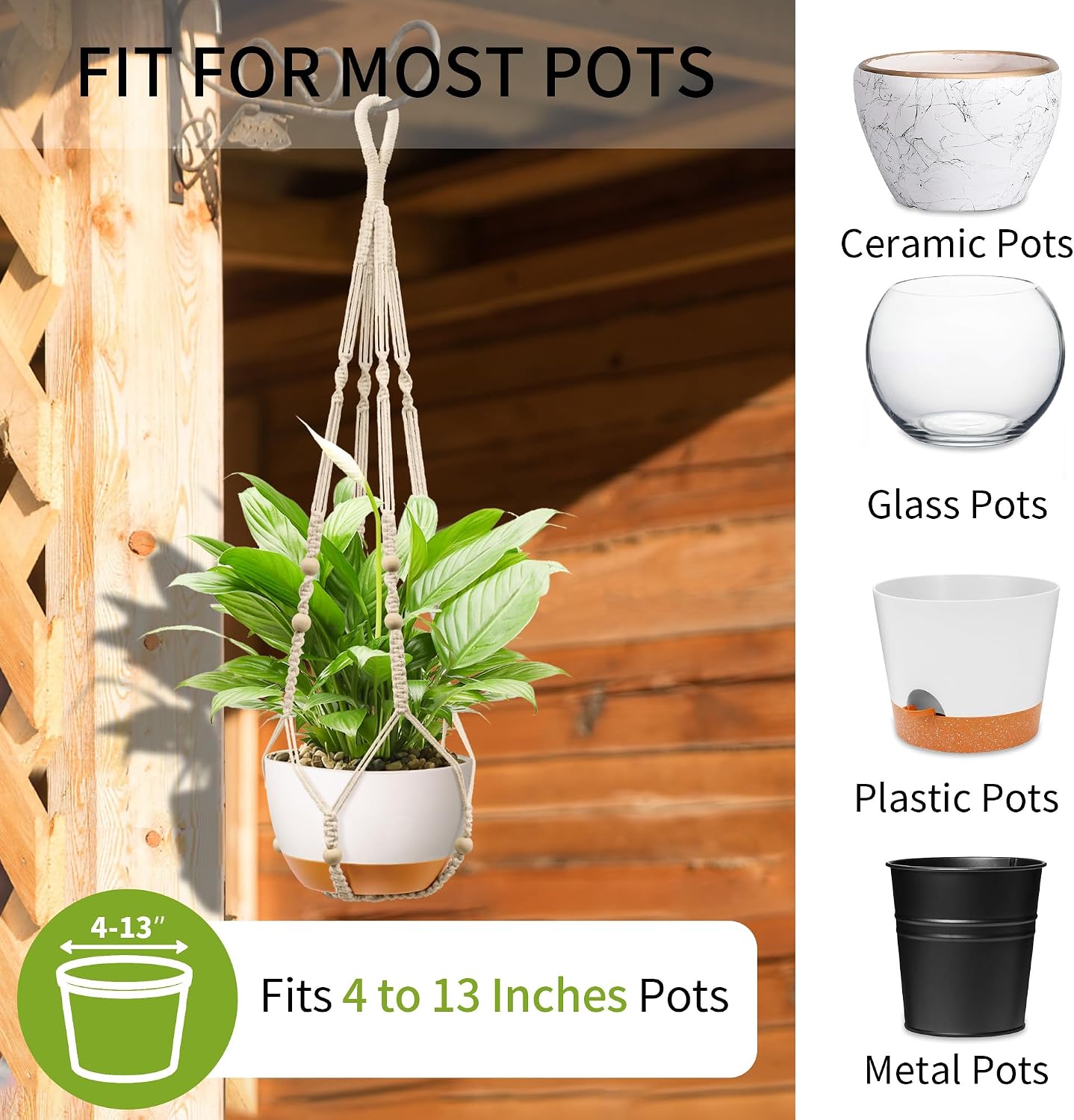 Colgador macramé para macetas 4-13pulg 35pulg set 2 marfil