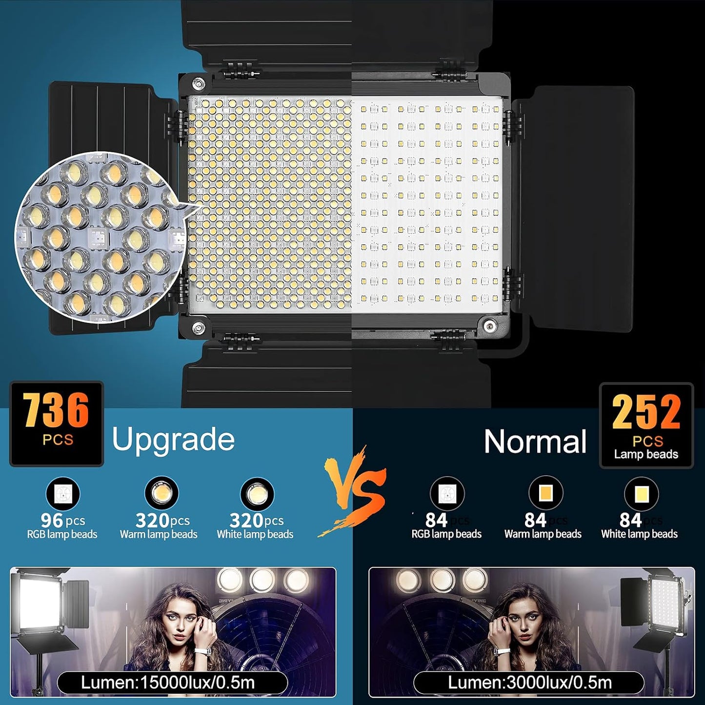 Luz video LED RGB Bluetooth 1000D PRO 736 cuentas para YouTube