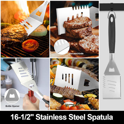 Juego parrilla acero inox 16.5pulg espátula cepillo tenedor pinzas