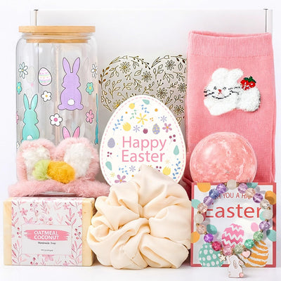 Cesta de Pascua para adolescentes y adultos con taza de cristal y tema de conejo