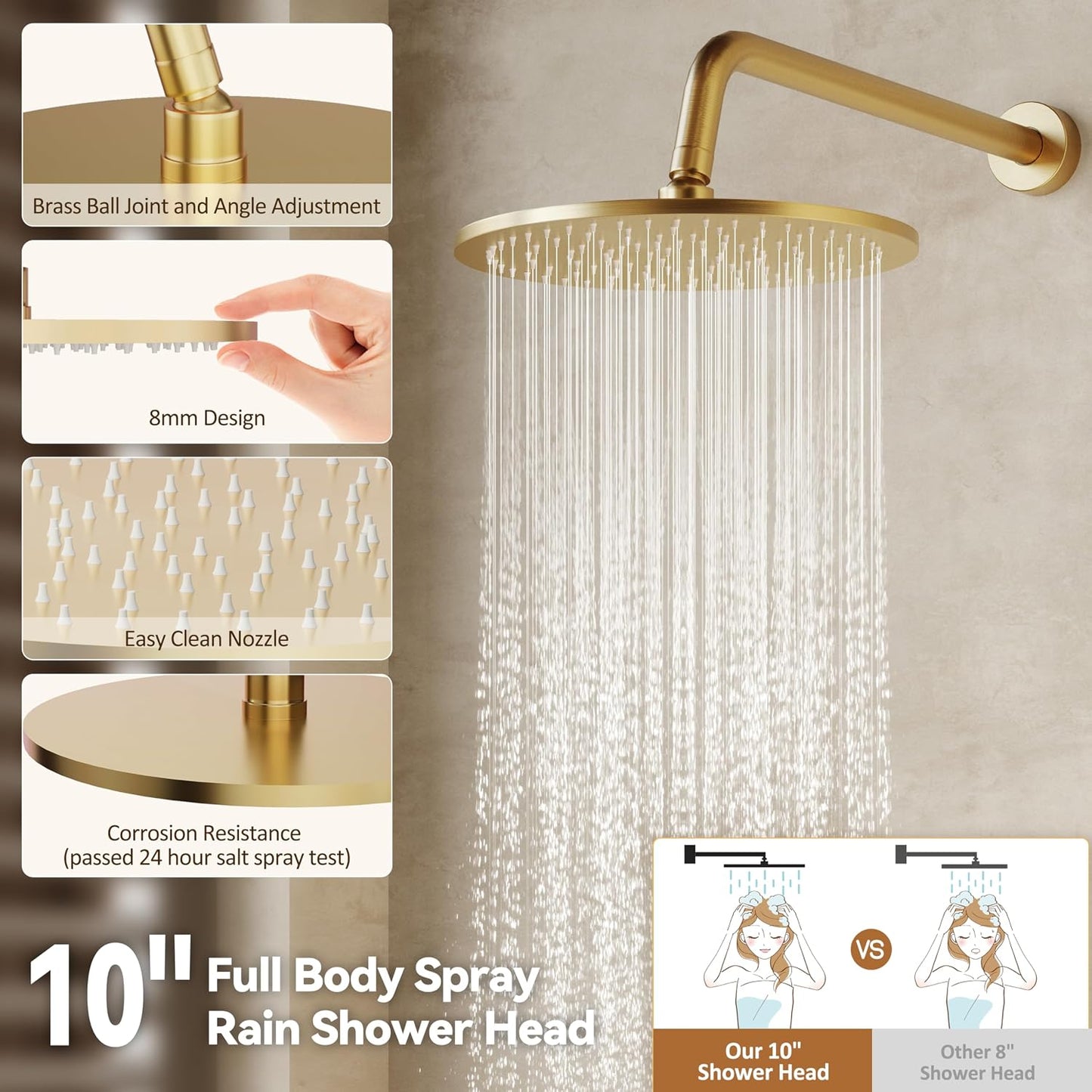 Juego grifo ducha bañera cabezal 10pulg alta presion dorado