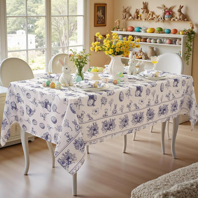 Mantel rectangular de Pascua azul y blanco lavable 52x70 pulgadas