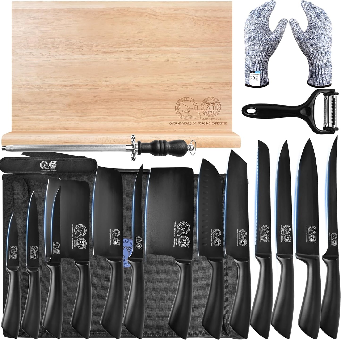 Set Cuchillos Acero Inox con Bloque Magnético y Accesorios Negro