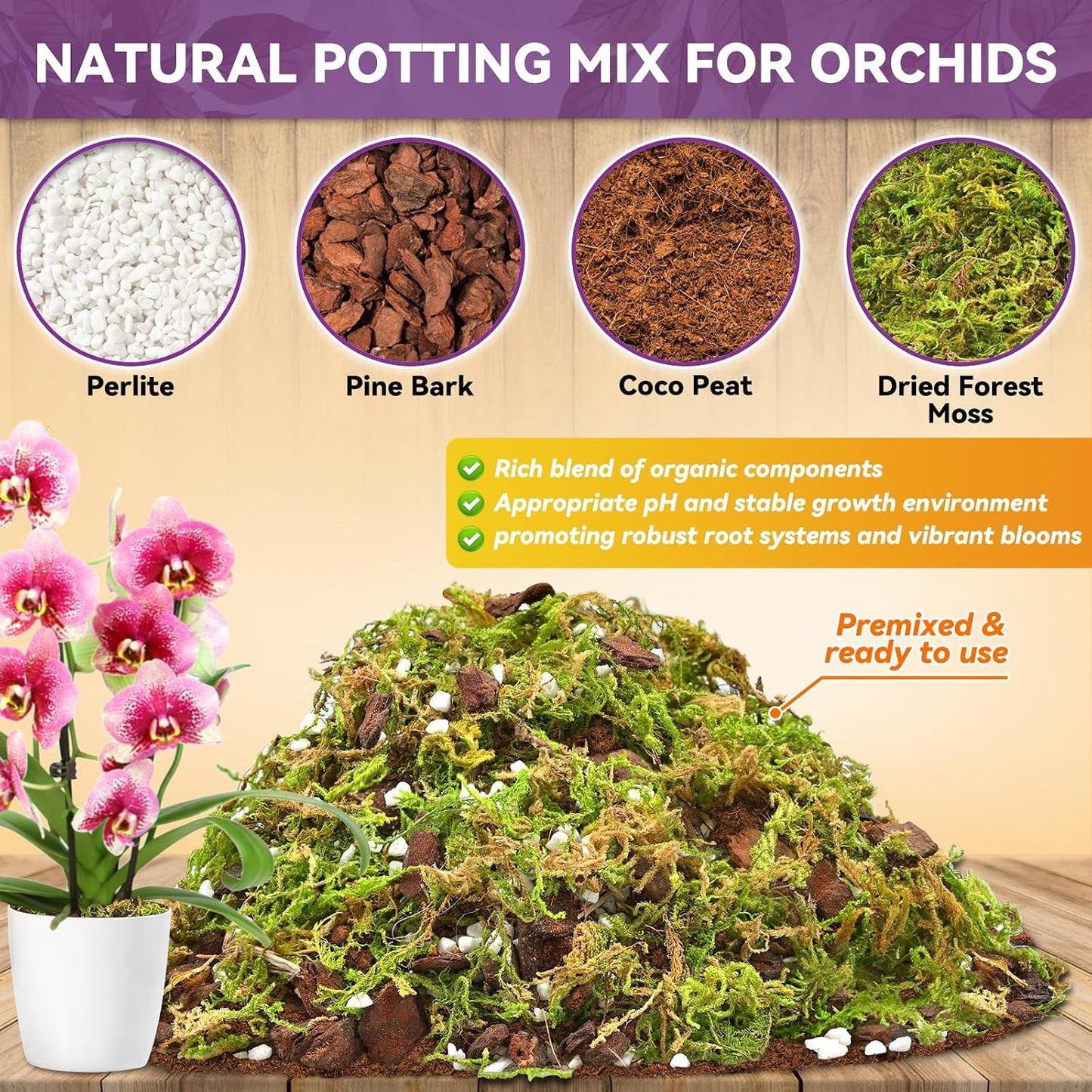 Mezcla suelo premium para orquídeas 4qt con musgo y perlita